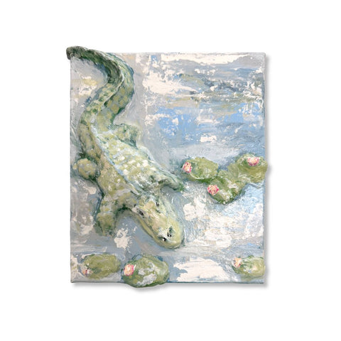 Alligator among lily pads seen from above on 8x10 canvas, paper mache art by Annie Aymond
