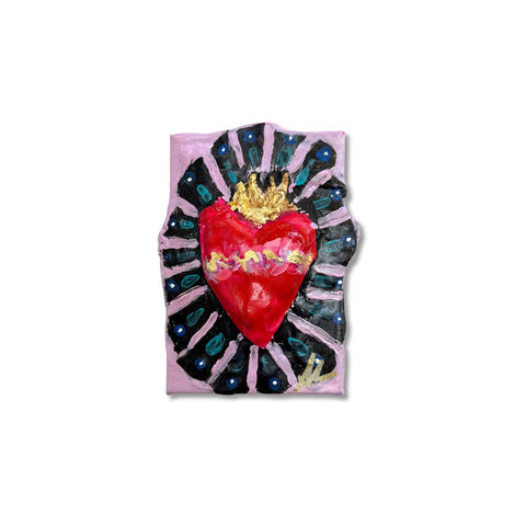 Red crowned sacred heart in pink and black halo on 4x6 canvas, paper mache art by Annie Aymond