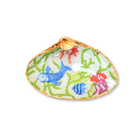 Decoupage clam shell dish with blue fish, red coral and green seagrass and gilded rim by Melissa Fouts