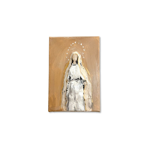 Blessed Mother in white on tan 4x6 canvas, paper mache art by Annie Aymond