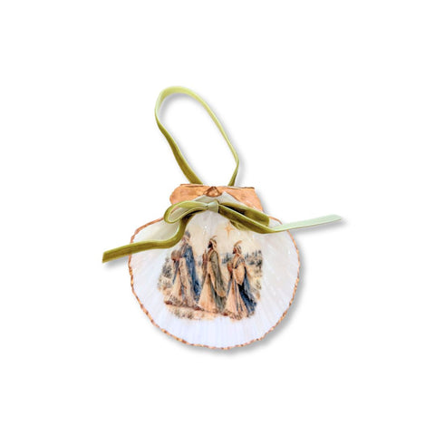 Decoupage scallop shell ornament with the three wise men bearing gifts, gilded edge, and sage velvet ribbon by Melissa Fouts.