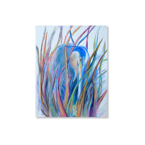 Through the Reeds, an 18x24 acrylic painting by Ted Bertrand of a blue heron hidden among colorful marsh grasses