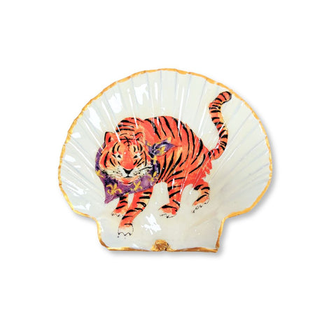 Large decoupage Irish flat shell dish with an orange tiger in a purple and gold fleur-de-lis saddle by Melissa Fouts