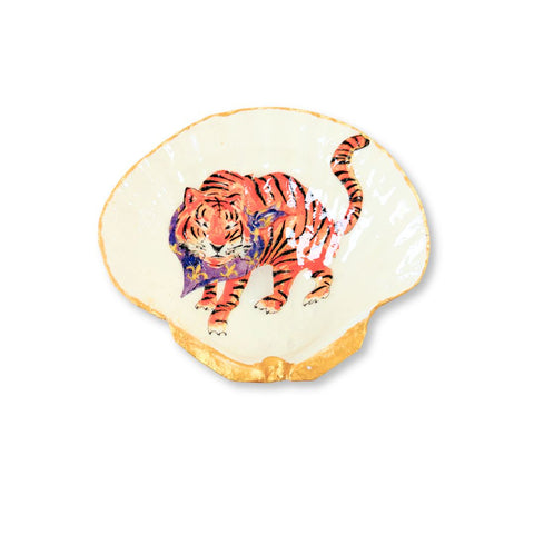 Large decoupage scallop shell dish with an orange tiger in a purple and gold fleur-de-lis saddle by Melissa Fouts