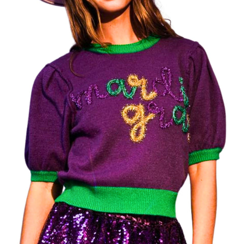 Mardi Gras Puff Sleeve Sweater Top