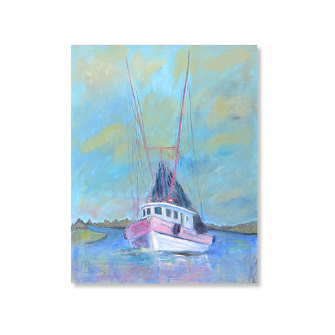 Working Waters, a 30x40 acrylic painting by Ted Bertrand of a pink and white shrimp boat on a Louisiana waterway under a soft sky