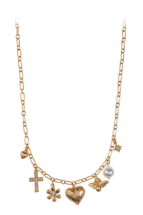 Heart Bee Flower Cross Metal Charm Short Necklace
