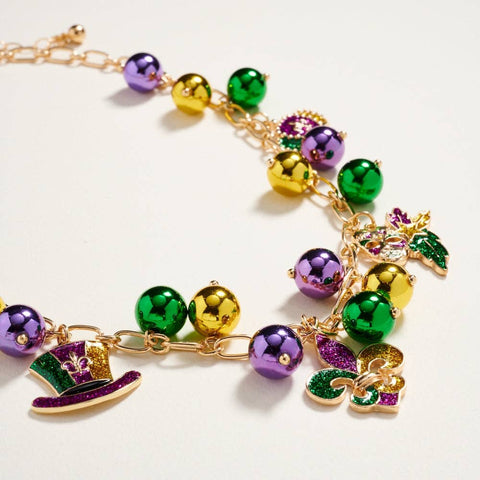 18 Inch Mixed Mardi Gras Charm Bead Chain Necklace