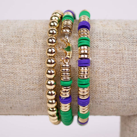Krewe Bead Stack Bracelet   Green/Purple/Gold   7"