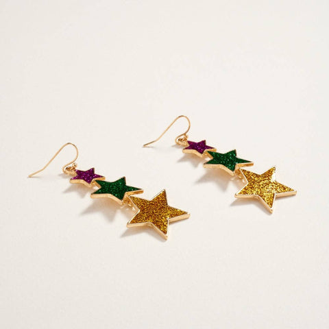 Mardi Gras Glittered Linked Star Hook Earrings