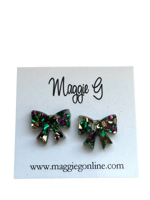 Mardi Gras Glitter Bow Stud Earrings