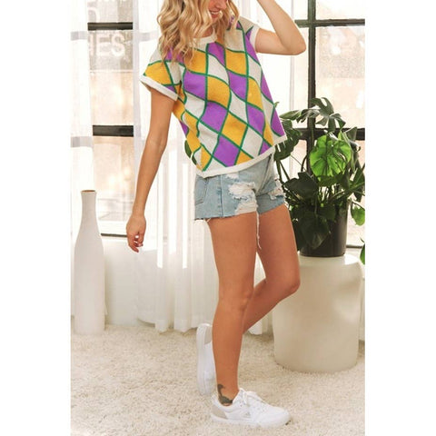 Mardi Gras Short Sleeve Diamond Checker Sweater