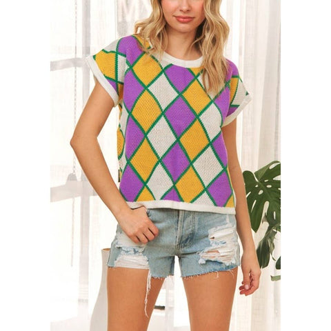 Mardi Gras Short Sleeve Diamond Checker Sweater