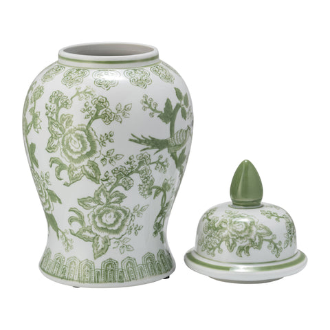 14 in. Green/White Bird and Flower Temple Chinoiserie Jar - 318 Art & Frame