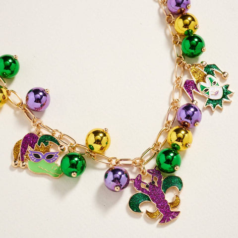 18 Inch Mixed Mardi Gras Charm Bead Chain Necklace