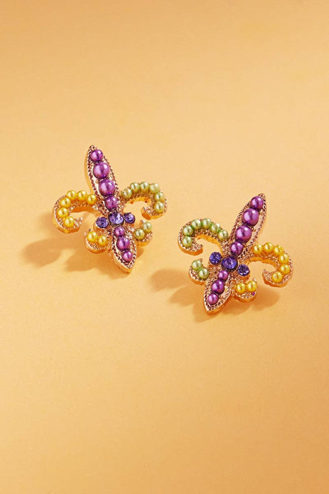 Fleur De Lis Pearls Mardi Gras Post Earrings