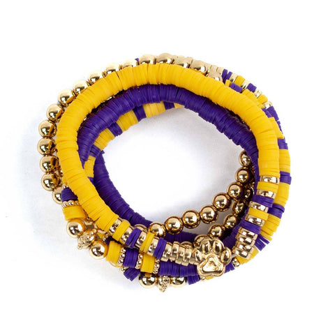 Paw Print Bead Bracelet Stack   Purple/Yellow/Gold   7"