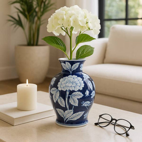 Decorative Vase - Blue Ceramic Floral Chinoiserie, 9 in. - 318 Art & Frame