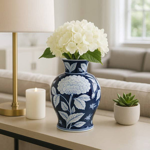 Decorative Vase - Blue Ceramic Floral Chinoiserie, 9 in. - 318 Art & Frame