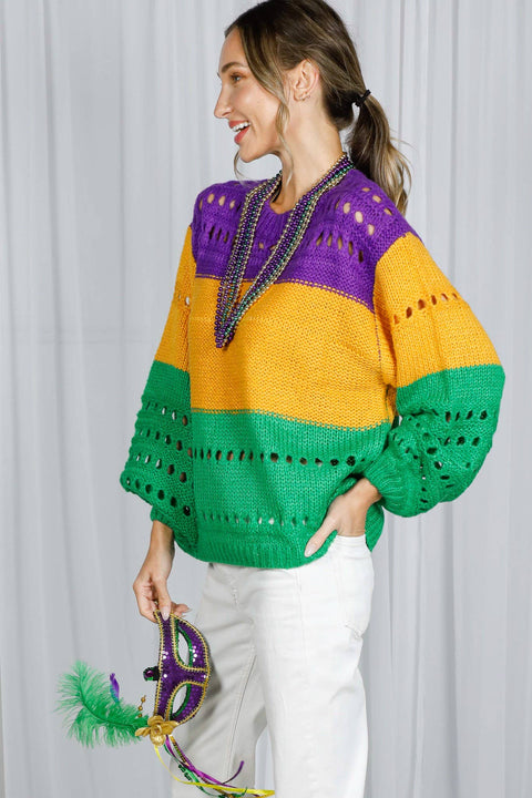 Color Block Mardi Gras Open-Knit Crochet Sweater