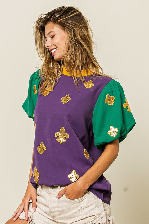 Sequin Fleur De Lis Mardi Gras Top