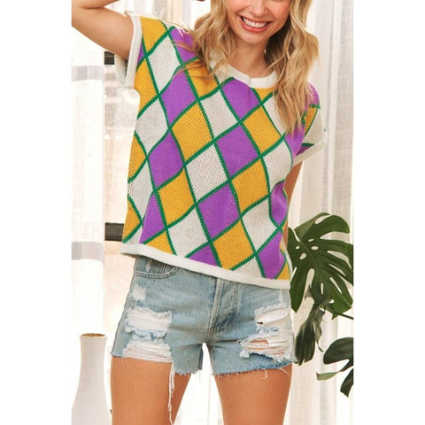 Mardi Gras Short Sleeve Diamond Checker Sweater
