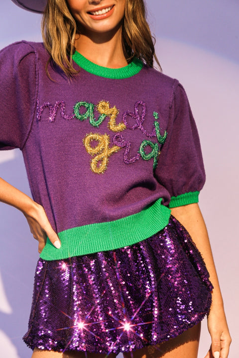 Mardi Gras Puff Sleeve Sweater Top