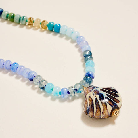 Ombre Beaded Necklace with Ceramic Seashell Pendant