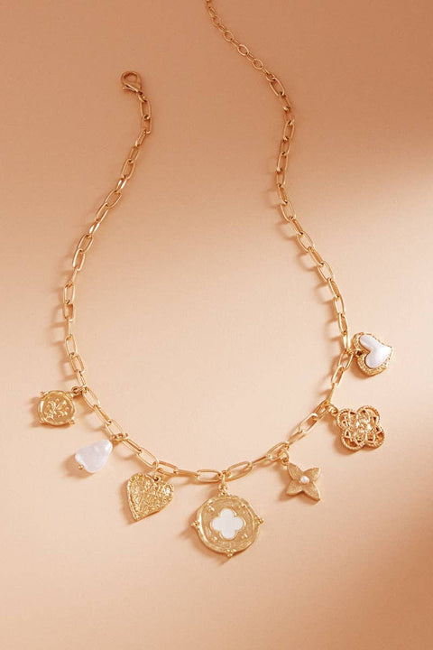 Multi Metal W Pearl Charm Cluster Short Necklace