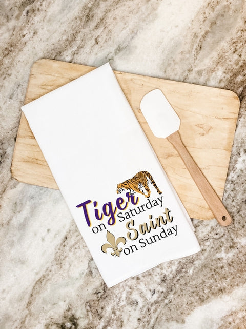 Tiger On Saturday Saint On Sunday Tea Towel