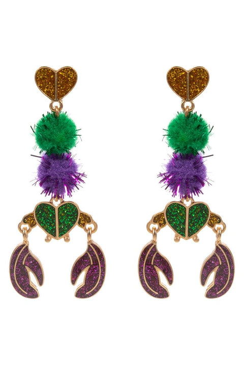 Crawfish Mardi Gras Pompom Enamel Post Earrings