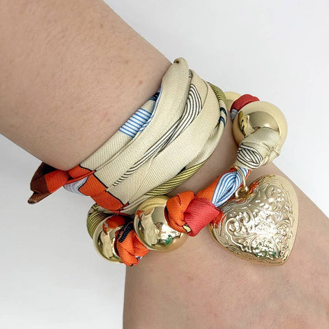 Gold Dipped Puffy Textured Heart Charm Accent Fabric Scarf Necklace / Adjustable Bracelet / Bag Charm - 318 Art & Frame