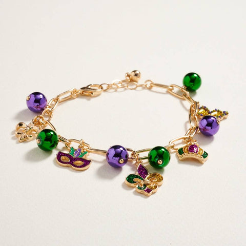 Mixed Mardi Gras Charm Bead Chain Clasp Bracelet