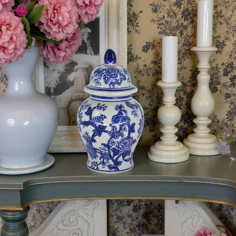 Ceramic Bird Flower Decorative Temple Jar - Blue, 11 in. - 318 Art & Frame