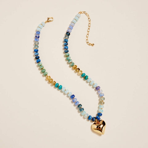 Washed Blue Resin Bead Heart Necklace - 318 Art & Frame