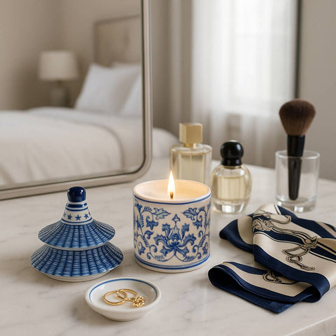 Candle - Blue Ceramic Plumeria Chinoiserie Pagoda, 9 Oz - 318 Art & Frame