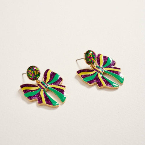 Purple, Green & Gold Glitter Bow Earrings - 318 Art & Frame