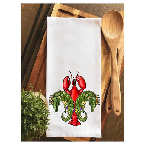 Mardi Gras Crawfish & Alligator Fleur de Lis Tea Towel