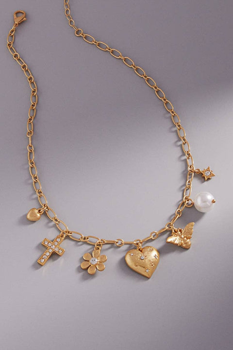 Heart Bee Flower Cross Metal Charm Short Necklace