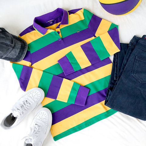 Mardi Gras Long-Sleeve Polo Shirt- Tri-Color