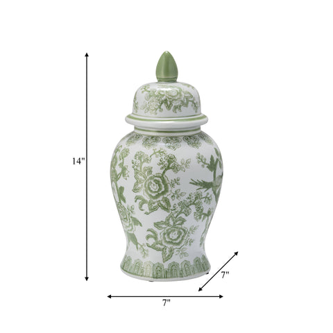 14 in. Green/White Bird and Flower Temple Chinoiserie Jar - 318 Art & Frame