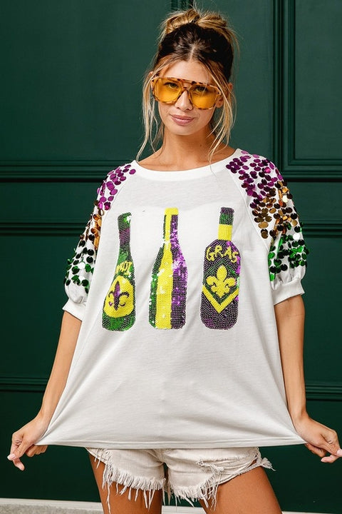 Mardi Gras Bottles Spangled Sleeve Top