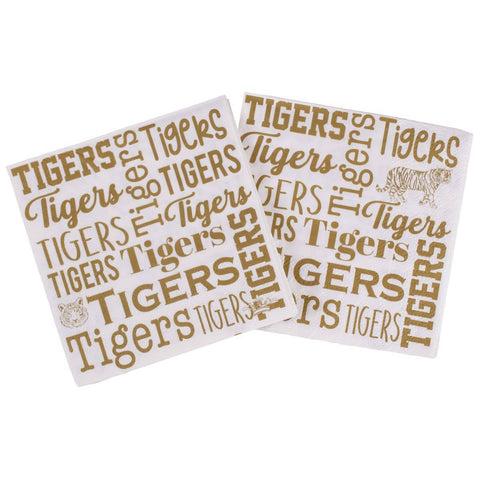 Tigers Cocktail Napkins   White/Light Gold   5x5