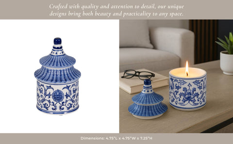 Candle - Blue Ceramic Plumeria Chinoiserie Pagoda, 9 Oz - 318 Art & Frame