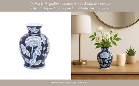 Decorative Vase - Blue Ceramic Floral Chinoiserie, 9 in. - 318 Art & Frame