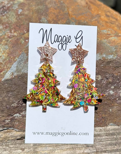 Gold Tinsel Christmas Tree Earrings