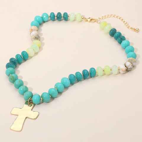 18K Gold Dipped Hammered Cross Plate Pendant Chunky Resin Disc Beaded Necklace - 318 Art & Frame