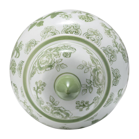 14 in. Green/White Bird and Flower Temple Chinoiserie Jar - 318 Art & Frame
