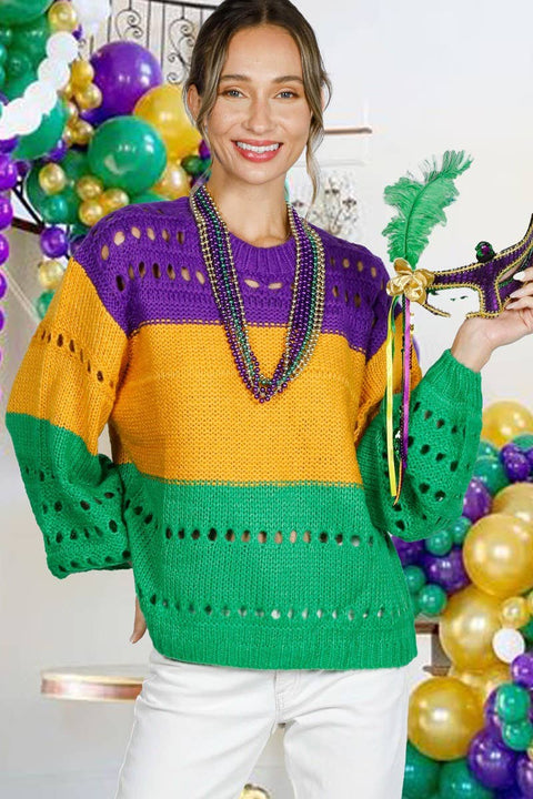 Color Block Mardi Gras Open-Knit Crochet Sweater