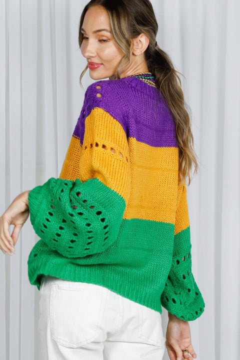 Color Block Mardi Gras Open-Knit Crochet Sweater